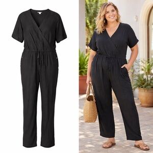 Caslon | Black Linen Blend Jumpsuit | Wrap | Elastic Waist | 14W